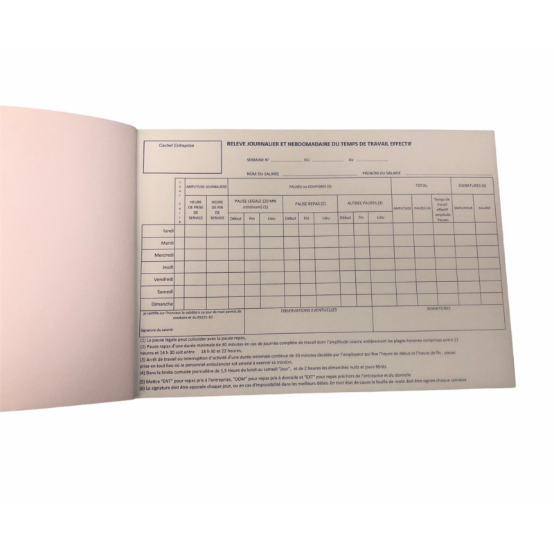 Carnet feuilles de route hebdomadaire Transport Sanitaire 